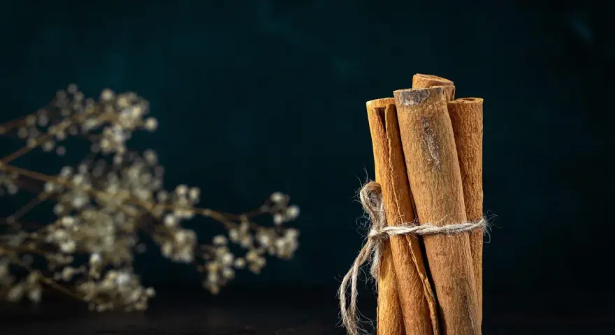 Pęczek lasek cynamonu, związany sznurkiem, obok delikatnych, suchych kwiatów. Cynamon właściwości magiczne, zapach unoszący się w powietrzu.