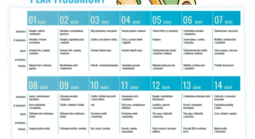 Plan tygodniowy na 10 dni. Dieta białkowa z propozycjami posiłków na śniadanie, II śniadanie, obiad, przekąskę i kolację.