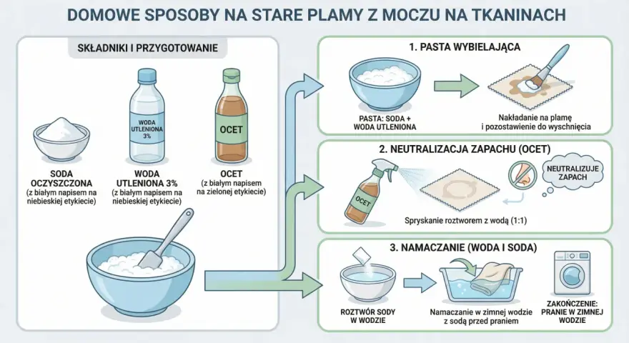 Domowe sposoby na plamy z moczu: pasta z sody i wody utlenionej, neutralizacja octem, namaczanie w wodzie z sodą.