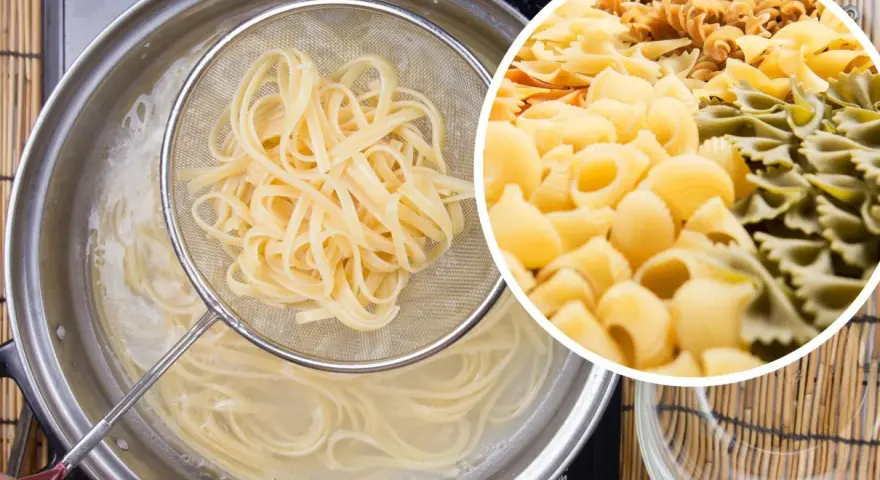 Ugotowany makaron w durszlaku nad garnkiem, obok kolaż różnych rodzajów makaronów. Dowiedz się, jak zamrozić ugotowany makaron.