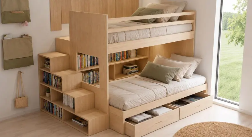 Soluzione salvaspazio per arredare cameretta 6 mq: letto a castello in legno con scalini contenitore e libreria integrata.
