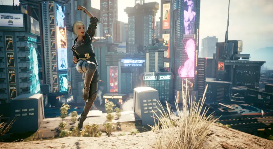 Una mujer salta en Night City, un escenario perfecto para tu cyberpunk 2077 guia.