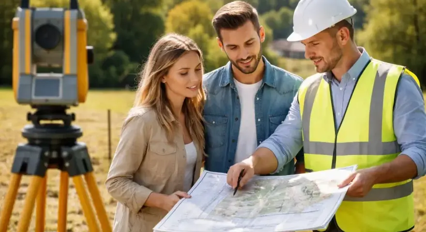 Geodeta w kamizelce i kasku omawia z parą mapę. W tle tachimetr, element państwowego zasobu geodezyjnego i kartograficznego.