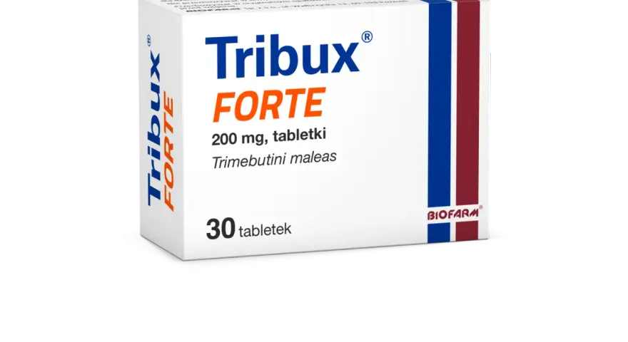 Opakowanie leku Tribux FORTE 200 mg, 30 tabletek. Pomaga na problemy z układem pokarmowym.