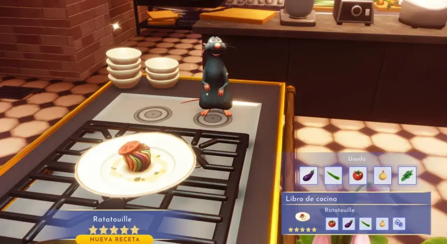 Remy prepara ratatouille en Dreamlight Valley. El libro de cocina muestra los ingredientes para esta receta.