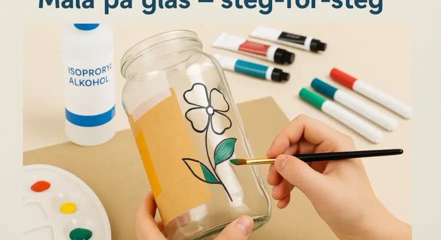 En hand målar en blomma på ett glas med en pensel. Material som isopropanol och färgpennor ligger bredvid.