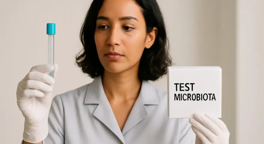 Donna con guanti tiene provetta e cartello "TEST MICROBIOTA".