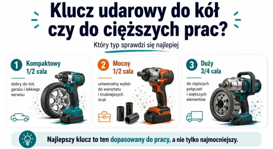 Jaki klucz udarowy do kół wybrać? Porównanie kompaktowych, mocnych i dużych modeli do różnych prac.