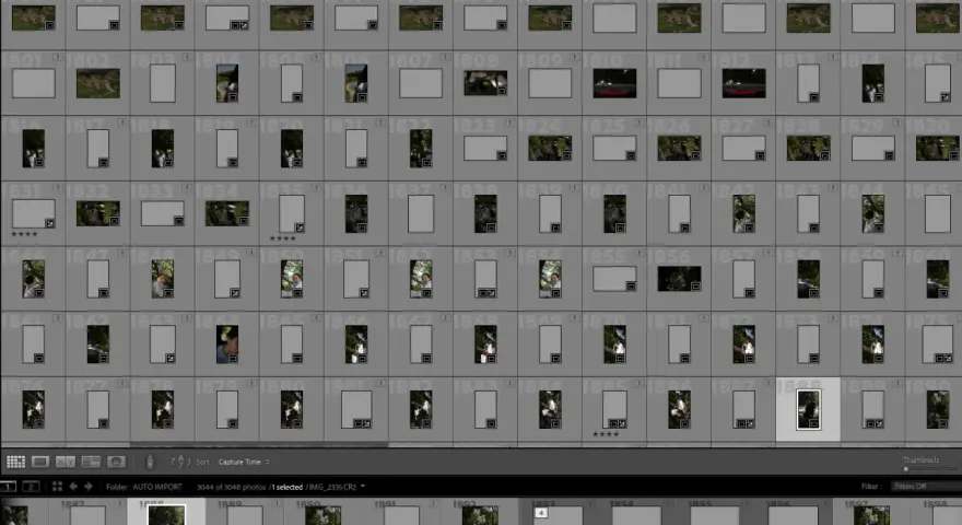 Interface Lightroom : plusieurs vignettes de photos, certaines avec un point d'exclamation indiquant un "fichier introuvable".