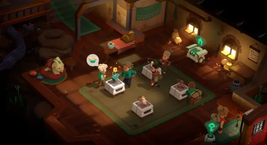 Personajes interactúan en una tienda de **Moonlighter 2**. Un pequeño robot sonriente se acerca a un cliente.