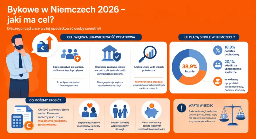 Podatki w Niemczech 2026: rząd chce wyżej opodatkować singli, by zapewnić równowagę w systemie podatkowym. Analiza OECD potwierdza, że Niemcy przodują w opodatkowaniu osób samotnych.