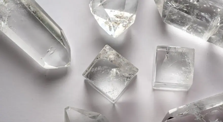 Cristales de cuarzo blanco, algunos en forma de punta y otros cúbicos, listos para aprender como cargar el cuarzo blanco.