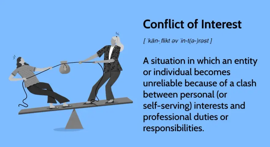 Two people on a seesaw pull a bag of money, illustrating conflict of interest policy examples.