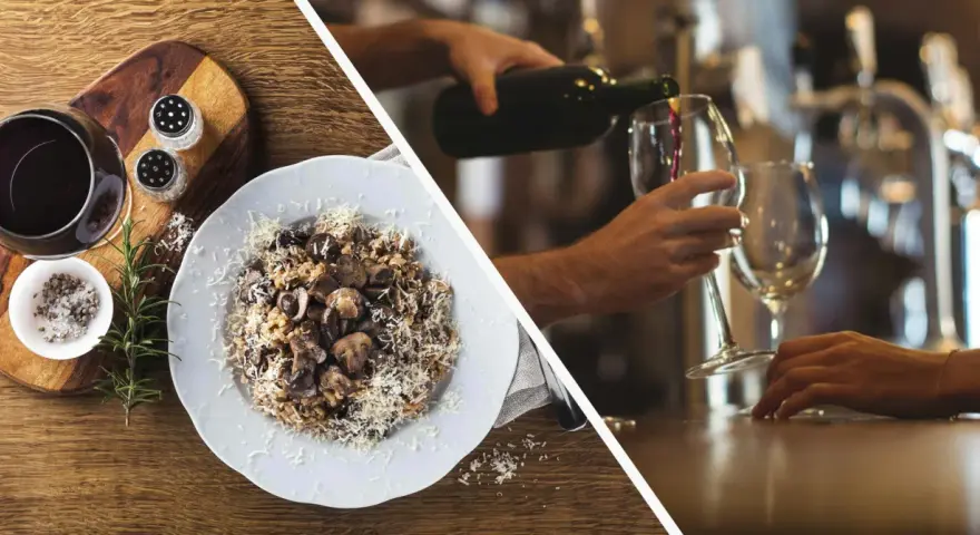 En härlig måltid med svamprisotto och ett glas rött vin, perfekt för att njuta av en kväll. Kanske en förrätt med vin till bruschetta?