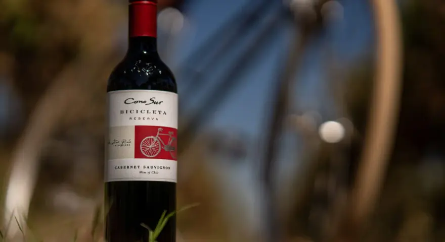 Butelka wina Cabernet Sauvignon z rowerem na etykiecie, stojąca na trawie.
