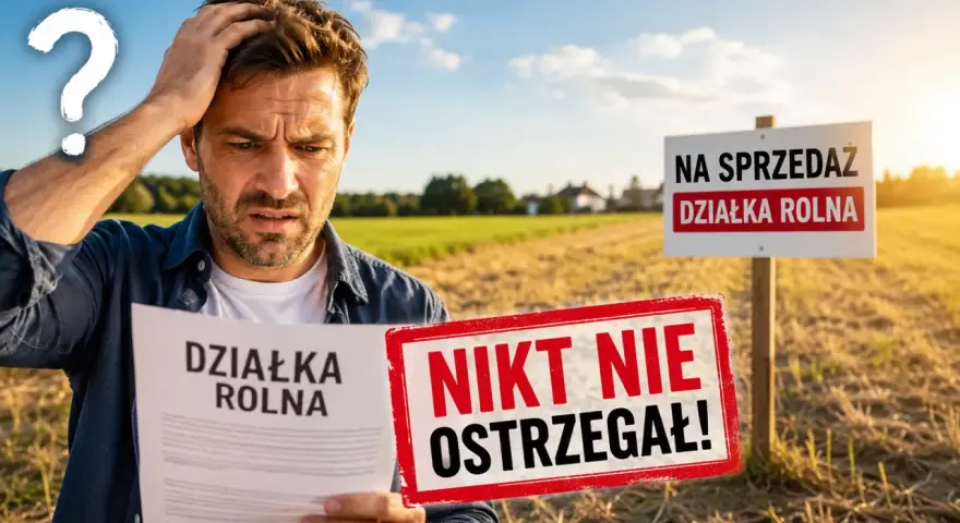 Zdezorientowany mężczyzna trzyma dokument "Działka rolna" na tle pola. Obok znak "Na sprzedaż działka rolna" i czerwony napis "Nikt nie ostrzegał!". Teren zabudowany.