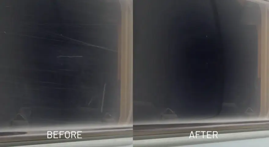 Before and after comparison of a scratched acrylic surface. The "before" shows many scratches, proving acrylic can scratch easily. The "after" shows a smooth, clear surface.