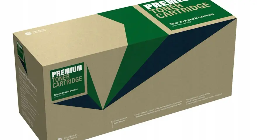 Pudełko z tonerem premium do drukarki laserowej, kompatybilne z bizhub c220. Zielono-granatowy wzór na brązowym tle.