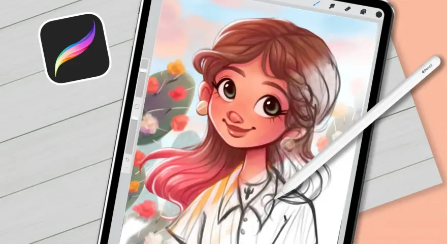 Ilustracja dziewczyny w stylu kreskówkowym, tworzona na tablecie z użyciem Apple Pencil. Ikona Procreate sugeruje, że to materiał do nauki: kurs Procreate.