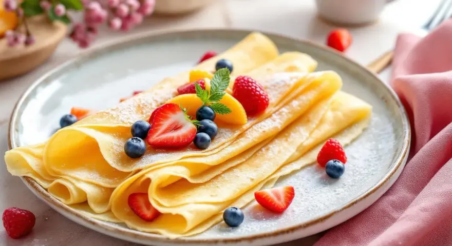 Crêpes dorées garnies de fruits rouges et de menthe, parfaites pour une recette pâte à crêpe facile sans repos.