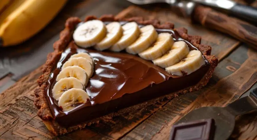 Une part de tarte banane chocolat, garnie de rondelles de banane fraîche sur une ganache onctueuse, sur un fond en bois rustique.