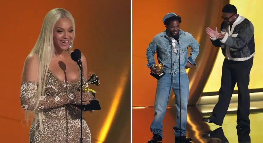 Kobieta z blond włosami i mężczyzna w dżinsowej kurtce odbierają nagrody. To moment z gali, gdzie ogłoszono nagrodę grammy: najlepsza piosenka roku.