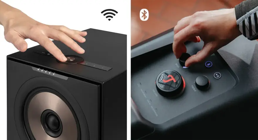 Hände bedienen Lautsprecher. Ein Lautsprecher zeigt ein WLAN-Symbol, der andere ein Bluetooth-Symbol. So funktioniert Bluetooth: kabellose Verbindung für Musik.