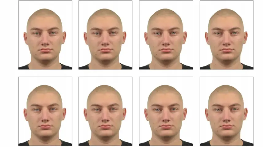 Osiem identycznych zdjęć młodej osoby z krótkimi włosami. Zastanawiasz się, ile kosztuje zdjęcie do dowodu?