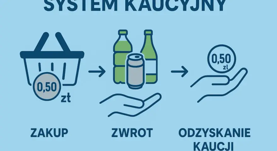 System kaucyjny: zakup z koszykiem i 0,50 zł, zwrot butelek i puszki, odzyskanie kaucji 0,50 zł.
