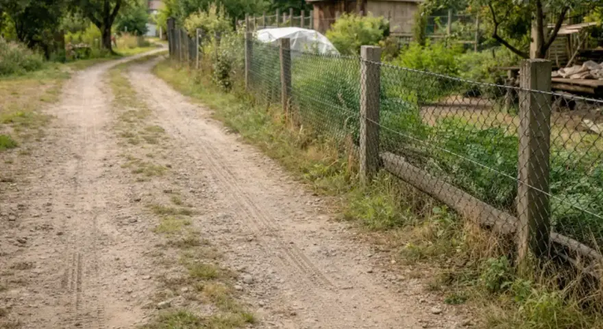 Droga wewnętrzna biegnie wzdłuż siatkowego ogrodzenia, wyznaczając minimalną odległość od granicy działki.
