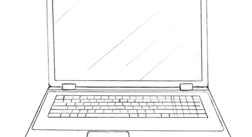 Szkic przedstawia otwartego laptopa z klawiaturą i ekranem. Prosty rysunek, jak narysować laptopa krok po kroku.