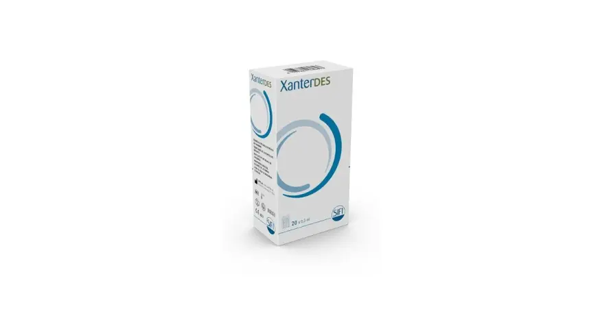 Scatola di collirio Xanterdes, utile per il benessere oculare. Contiene 20 flaconcini da 0,3 ml.