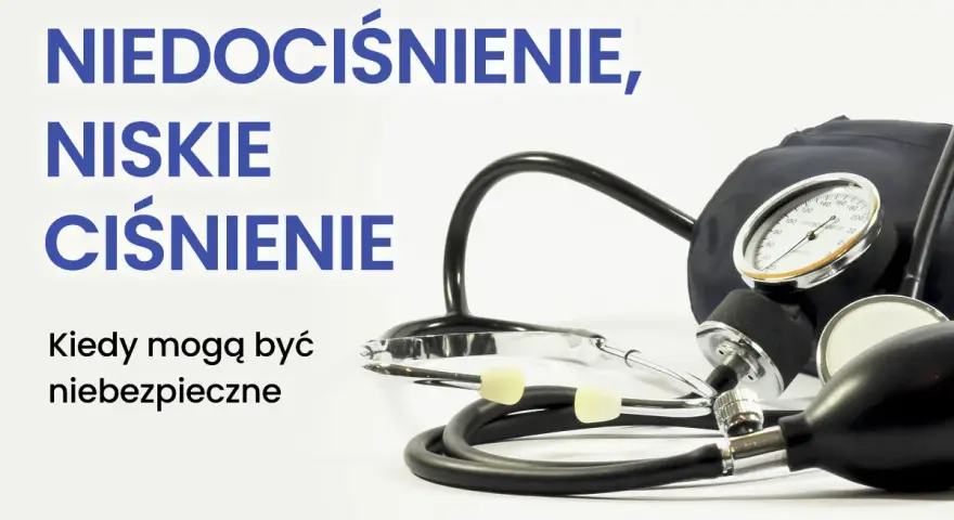 Ciśnieniomierz i stetoskop na białym tle, z tekstem "Niedociśnienie, niskie ciśnienie".
