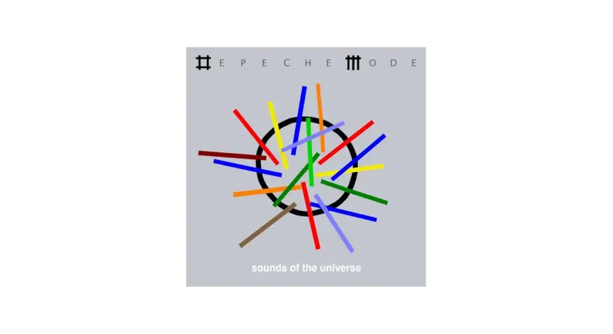 Kolorowe linie wirują wokół czarnego okręgu, tworząc wizualizację "sounds of the universe". Nad nimi logo Depeche Mode.