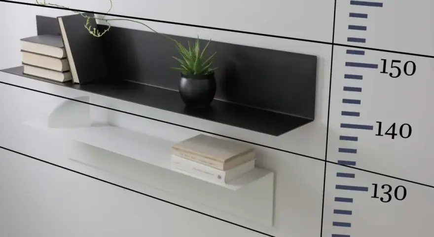 Moderna soluzione per arredare una parete con mensole: una nera con libri e pianta, una bianca con libri.