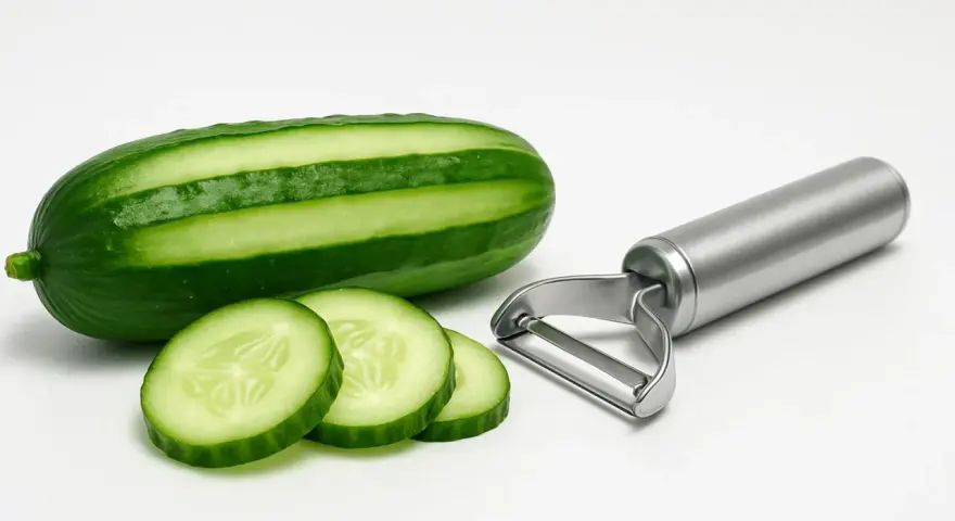 Cetrioli con o senza buccia, pronti per essere affettati con il pelapatate.