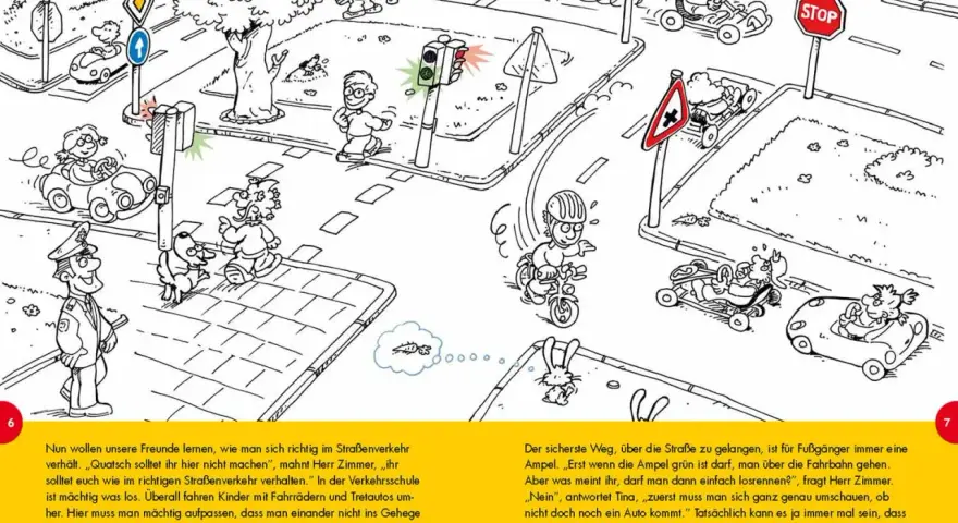 Kinder lernen im Straßenverkehr, wie sie sich richtig verhalten. Ein Polizist erklärt die Regeln, während Kinder mit Tretautos und Fahrrädern üben.