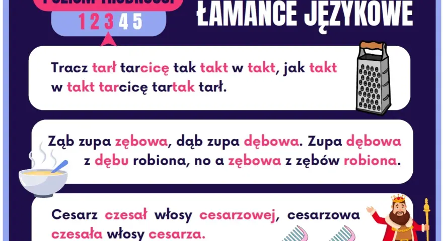Krótkie łamańce językowe dla dzieci: Tracz tarł tarcicę, zupa z dębu i cesarz czesał włosy. Zabawa z językiem!