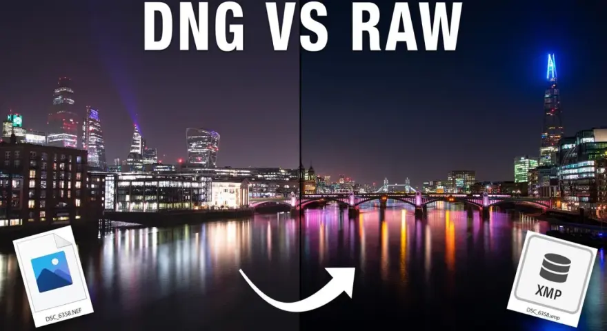 DNG vs RAW: nocny Londyn. Z lewej plik NEF, z prawej XMP. Porównanie formatów plików graficznych.