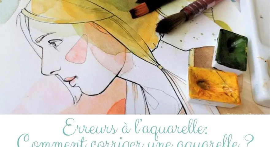 Dessin d'aquarelle d'un profil féminin, avec des pinceaux et des pastilles de couleur.