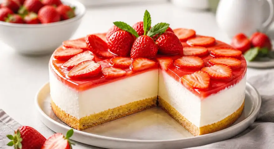 Eine köstliche Torte mit Fruchtspiegel, belegt mit frischen Erdbeeren und Minze. Ein Genuss für Augen und Gaumen!