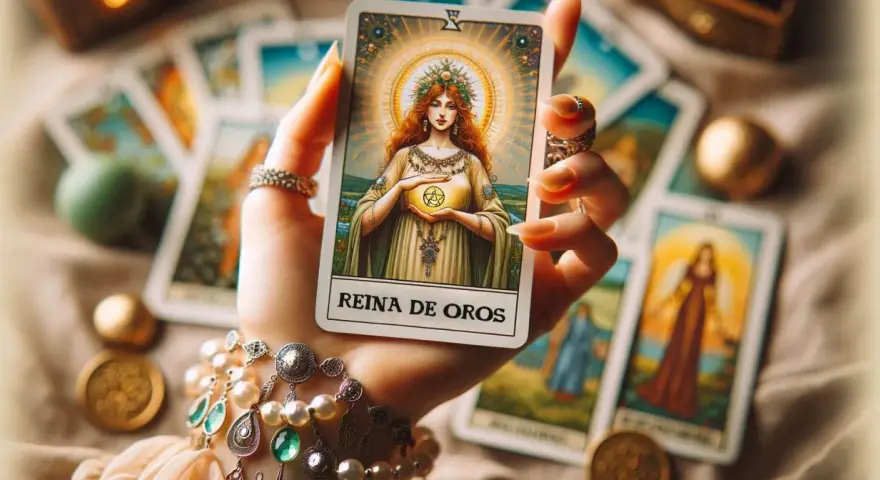 Mano sostiene carta "Reina de Oros", que significa la reina de oros en el tarot, rodeada de otras cartas y adornos dorados.