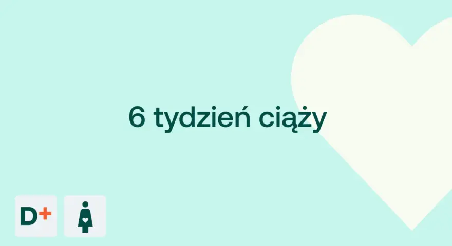 6 tydzień ciąży. Delikatne tło z sercem i ikonami D+ oraz kobiety w ciąży.