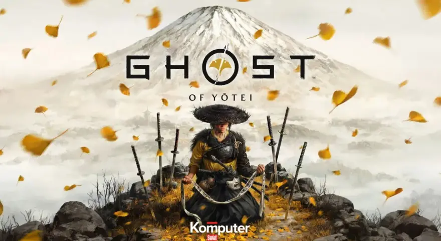 Samuraj w słomkowym kapeluszu, otoczony mieczami, pod górą Fudżi. Logo gry Ghost of Yotei PC.