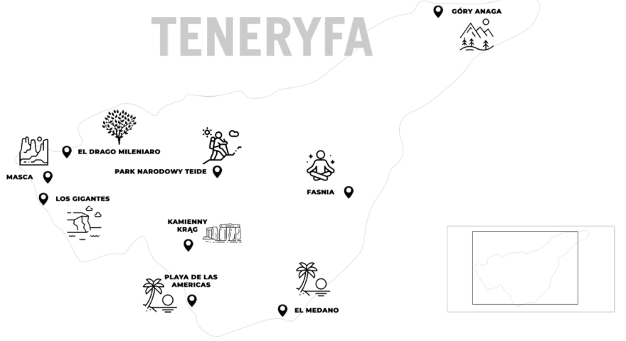 Mapa Teneryfy z ikonami: góry, turysta, medytacja, plaża. Idealna dla globtrotera planującego podróż.
