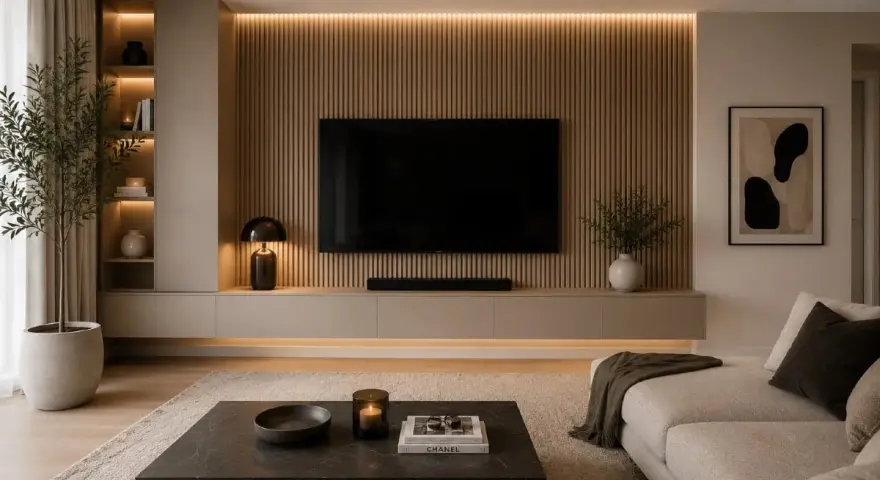 Modernt tvrum med inspiration från naturen. Ljusa färger, träpanel och en stor soffa skapar en ombonad känsla.