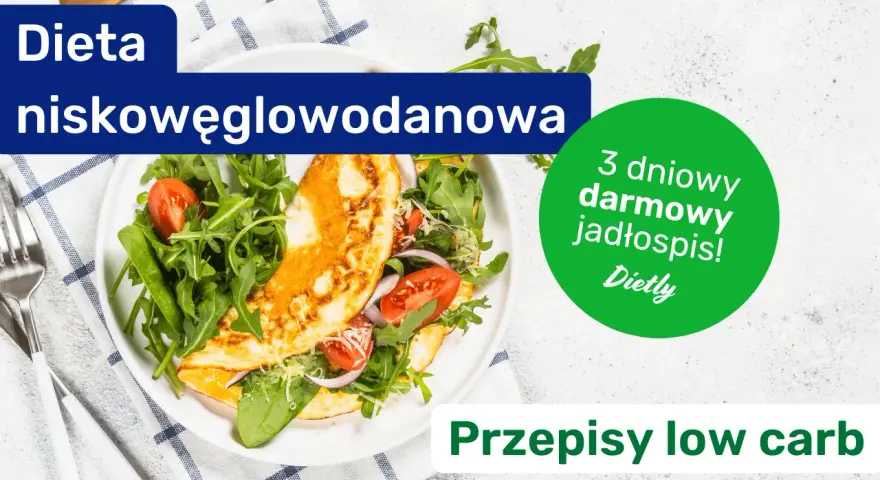 Omlet z rukolą i pomidorkami, idealny na dietę niskowęglowodanową. Przepisy low carb znajdziesz w zielonym kółku.