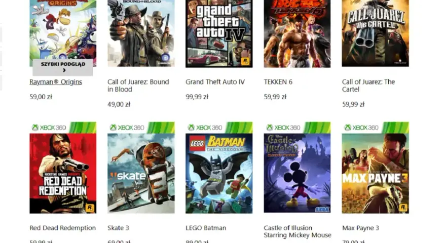 Gry na Xbox 360: Rayman Origins, Call of Juarez, GTA IV, Tekken 6, Red Dead Redemption, Skate 3, LEGO Batman, Mickey Mouse, Max Payne 3. Sprawdź xbox 360 wsteczna kompatybilność lista gier.
