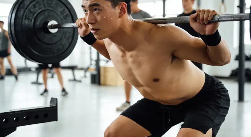 Un homme transpire en faisant un squat avec une barre chargée, un exercice clé pour un programme musculation prise de masse.