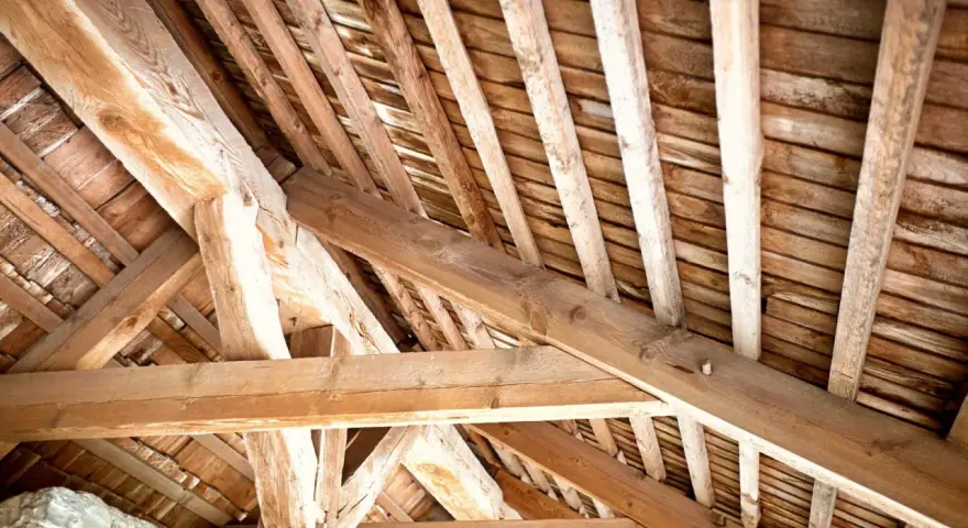 Vue rapprochée d'une charpente ancienne en bois, témoignant d'un savoir-faire artisanal. Un futur projet de traiter charpente pour la préserver.